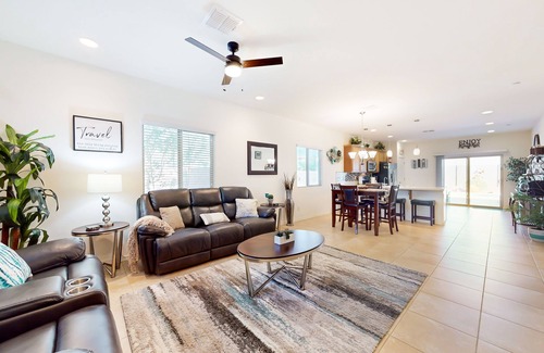 Buckeye Maison | Airy desert home with an enclosed yard, private pool, hot tub, firepit, & W/D
