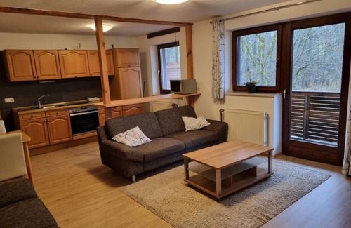 Arnbruck Appartement | FeWo Bachblick1 - Holiday farm with large outdoor area, swimming pond, play hall and much more.