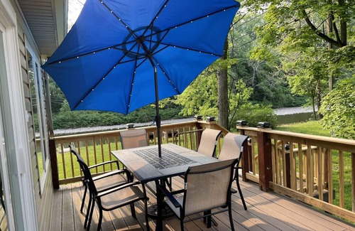 Montoursville Maison | Creekfront getaway with hot tub and fire pit.