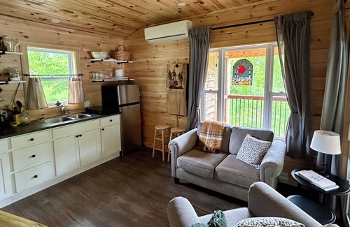 Canterbury Cabine | Elevated cabin nestled among the trees, and the Saint John River. Pet friendly.