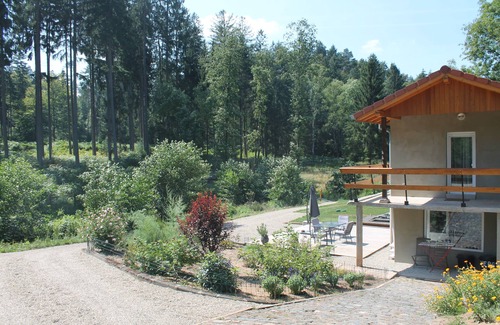Reipertswiller Cabine | La roulotte et sa petite maison attenante, dans un environnement forestier.