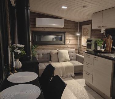 Kolari Chalet De Ski | Lapland Riverside Cabin 5 MUSTIKKA, Ylläs, Tiny Home with Sauna, Fireplace, Terrace, BBQ, Wifi, Ski, Fishing, Pets OK