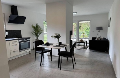 Trachenberge Appartement | Living Apartment mit Kamin und Terrasse