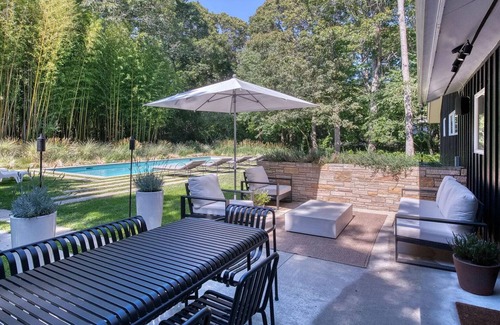 Silver Beach Maison | Mid-Century Gem with Pool, Fireplace and Steps to Private Beach.