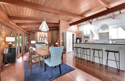 Champaign Maison | Mid-Century Modern House with Hot Tub Near Country Club