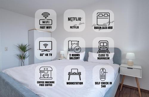 Lampertheim Appartement | Schöne 2 Zimmerwohnung mit UHD-TV, großem Balkon und Hängematte