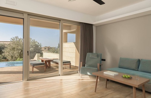 Agia Galini Villa | Superb Agios Vasilios Suite | Lolopechka Suite | 1 Bedroom | Min. Children Age: 13 Years | Private Furnished Balcony or Terrace with Garden and Mountain View | Spacious Shared Furnished Sun Terrace | Shared Outdoor Pool | Shared Hot Tub | Agia Galini