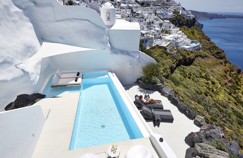 Firostefani Villa | Villa Etheras, piscine privée chauffée, 2 chambres à coucher, vue imprenable sur la caldera