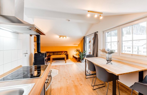 Unterjoch Appartement | VYLD: Eagle view mountain view and fireplace