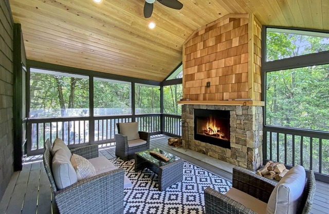 Azalea at Highlands Falls | Screened In Porch With Outdoor Fireplace