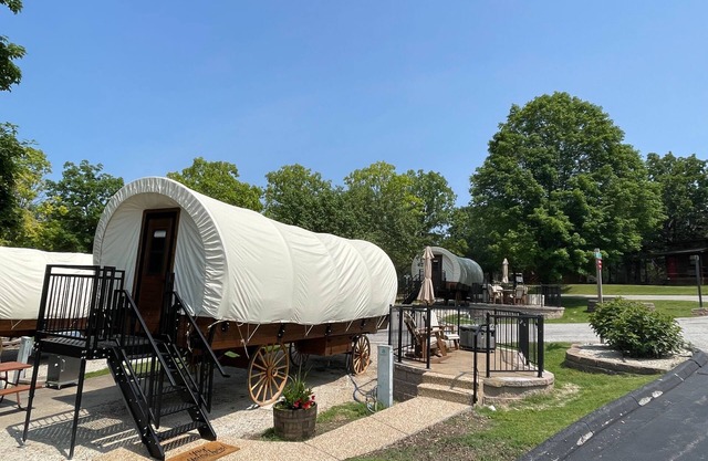 California Trail Wagon includes 1 king bed, bathroom w/ shower, heat & a/c, smart tv, wi-fi, microwa