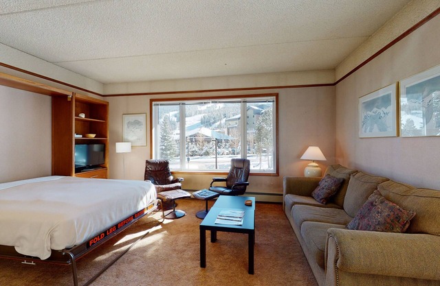 Casual ski studio with mountain views and shared hot tub - close to ski lifts