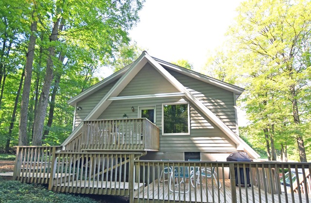 Condo in the woods with a firepit, washer/dryer, partial AC, & furnished deck