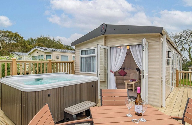 Contemporary caravan with one double and one twin.