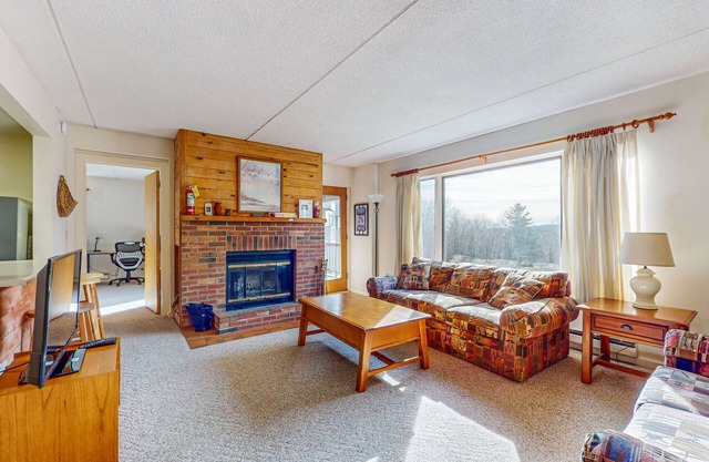 Cozy mountain condo w/ fireplace, views, hot tub, pool, sauna, gym, shuttle, w/d