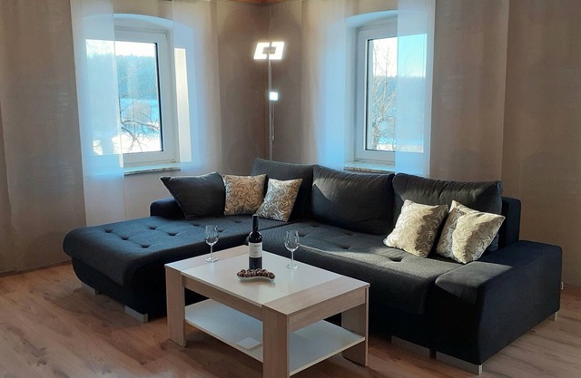 Appartement avec cheminée dans le salon et barbecue dans le jardin