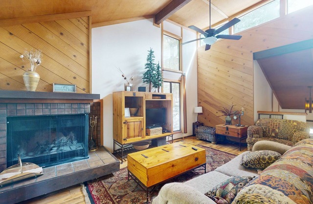 Condo pour chien avec foyer au bois, terrasse, piscine commune et bain à remous
