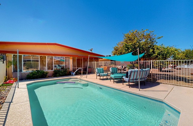 Dog-friendly home with private pool, yoga studio, fitness room & great patio