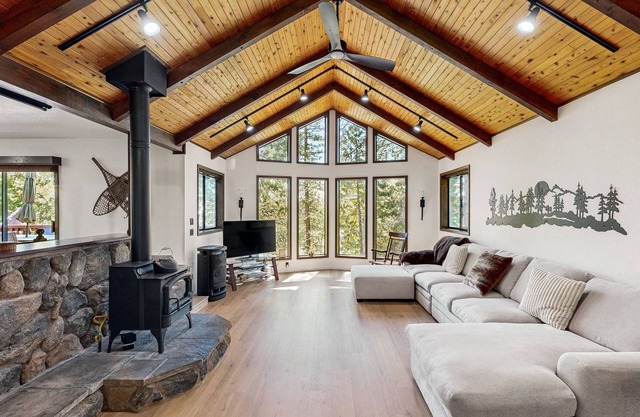 Dog-friendly house with private sauna, hot tub, game room, mountain view, & deck