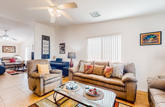 Dog-friendly home with patio, grill, firepit, outdoor pool, tennis, & fireplace