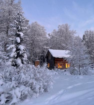 Gemütliche Blockhütte mit Außentoilette und Badezimmer im Haupthaus