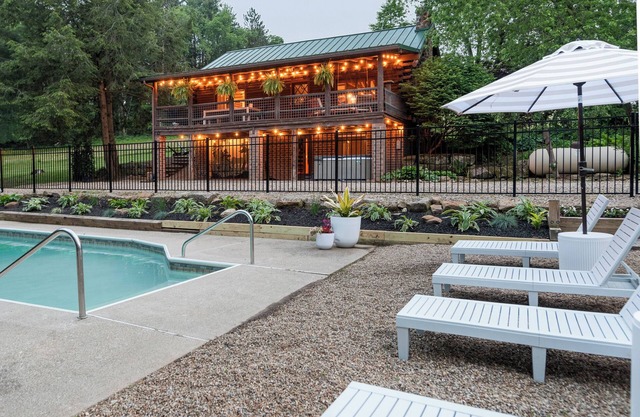 Large Log Cabin with Pool + Hot Tub near Mohicans and Skiing at Snow Trails