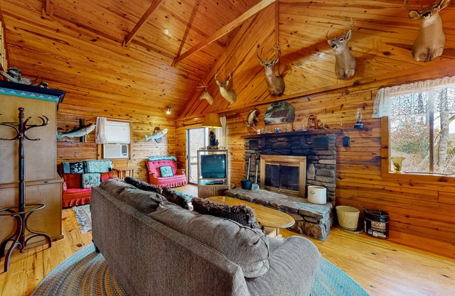 Lakefront dog-friendly log cabin with private boat access, firepit, & grill