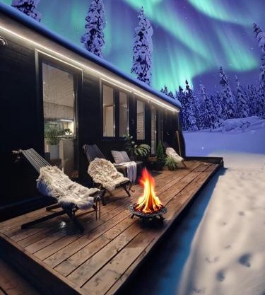 Lapland Riverside Cabin 5 MUSTIKKA, Ylläs, Tiny Home with Sauna, Fireplace, Terrace, BBQ, Wifi, Ski, Fishing, Pets OK