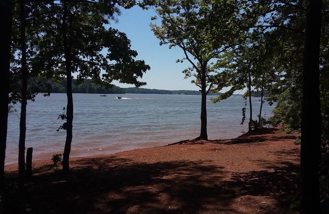 Charmante cabane au bord du lac Tillery avec des vues spectaculaires au bord de la piscine et des cales de bateau