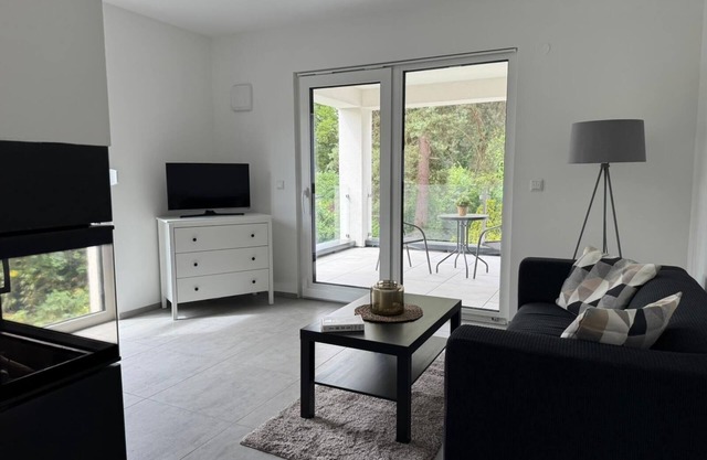 Living Apartment mit Kamin und Terrasse