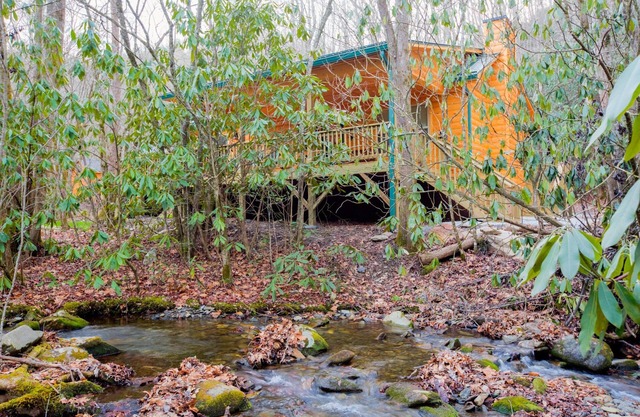Chalet en bois rond niché dans les montagnes et situé sur Collett Creek