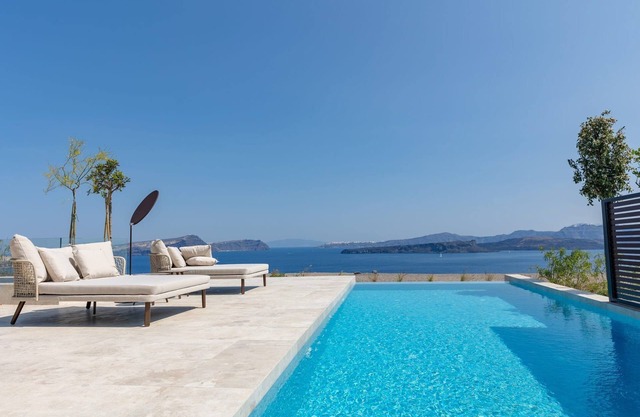 Modern Santorini Villa | Villa Mystic | 3 Bedrooms | Private Heated Pool | Furnished Terrace | Hot Tub | Stunning Sea Views | Akrotiri