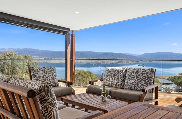 Moongate with beautifully styled, open plan living with panoramic views over Lake Jindabyne