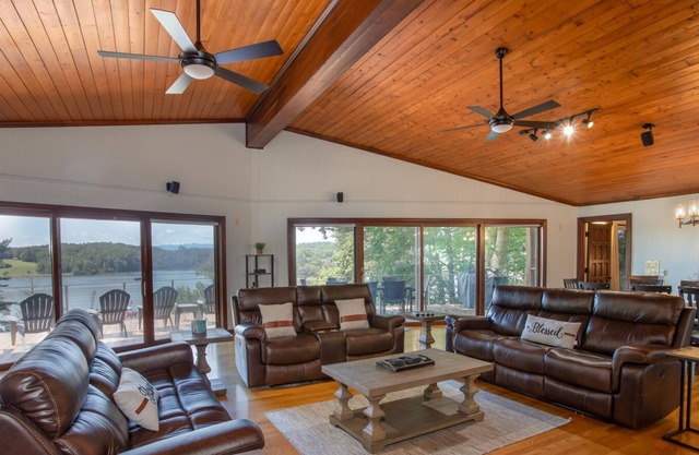 Lakefront 5BR on Kerr Scott! Dock, Boat Lift, Hot Tub, Pool Table, Fire Pit, Mountain Views!