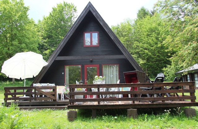 Maison de vacances au toit en pente dans le parc naturel sur le Twistesee dans un endroit forestier absolu