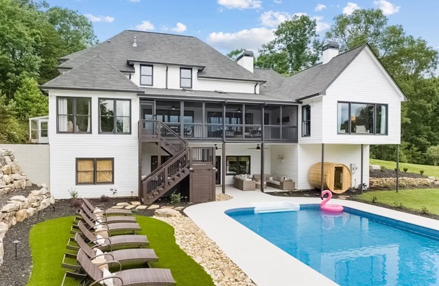 Serene mountain view home with private pool, firepit, dry sauna, & AC