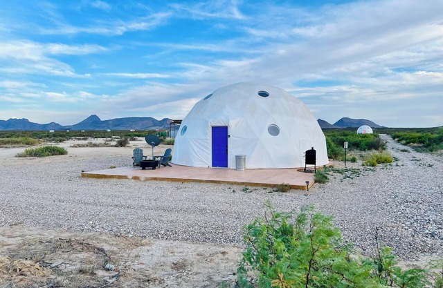 Southern Boho inspired Geodesic Dome nestled up next to Big Bend National Park.