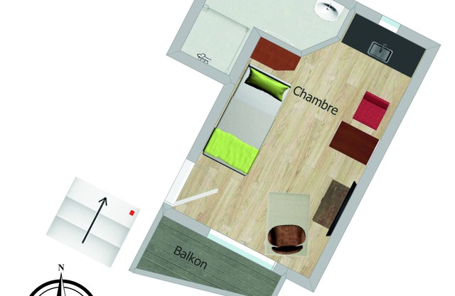 Studio-Salle de bain privée séparée-Balcon-Chambre