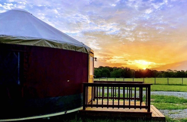 The Bluebonnet Yurt is a romantic yurt getaway with private outdoor shower