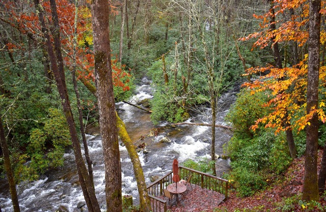 Backwoods minuscule maison sur le ruisseau bruyant avec vue sur la crête de la montagne à Robbinsville, Caroline du Nord