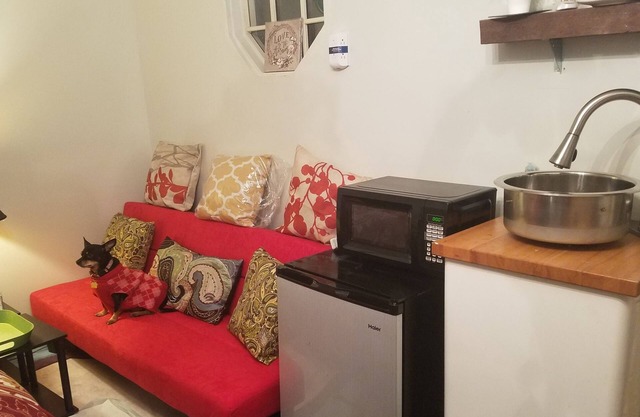 Tinyhouse niché dans l'arrière-cour de la propriété clôturée.