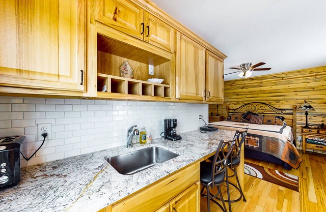 Tree-lined studio with lake views, patio, & kitchenette