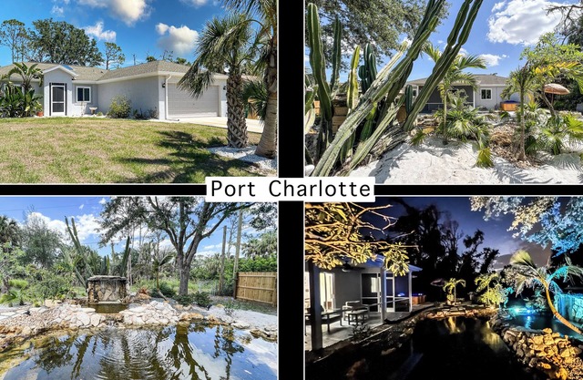 Tropical Home With Waterfall, HotTub, Fenced Yard, Beachy Lounge Area & Pets!