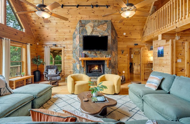 Cozy log cabin with hot tub, game room, theater