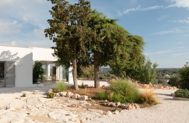 Villa on an elevated terraced olive grove with views over the Valley of Itria.