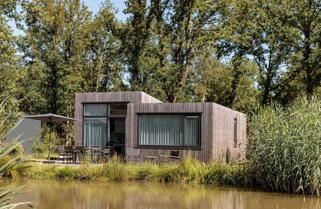 Lodge moderne au bord de l'eau entouré de verdure