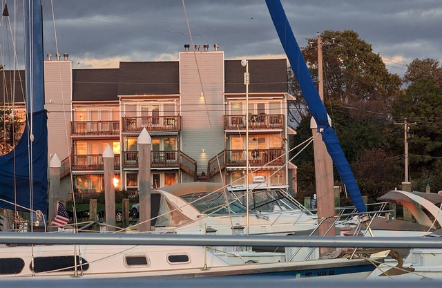 Waterfront at "The Landing" in Historic Rock Hall, overlooking marina and pool.