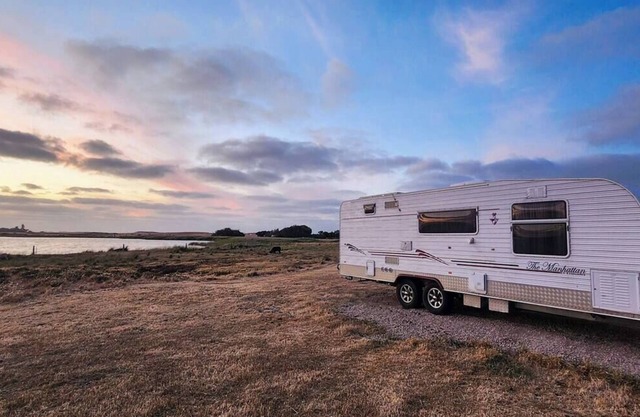 Waves & Whimsy: Pet Friendly Lakefront Caravan Stay at Coorong Island
