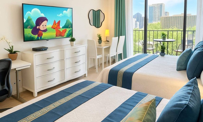 Waikiki Appartement | 1 Block to Beach! Waikiki Ocean View Large Studio with work space, 3 Beds