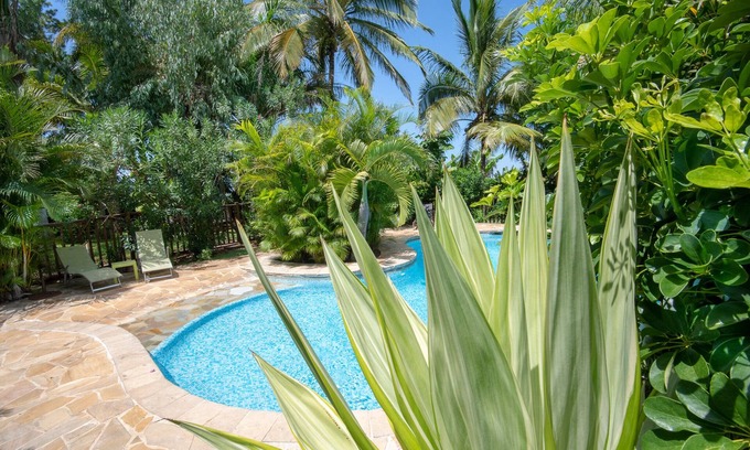 Maniron Maison | Bungalow de charme HIBISCUS en bois exotique, piscine dans un jardin tropical.